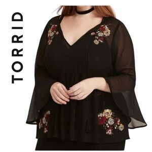 Torrid Black Floral Embroidered Chiffon Babydoll Blouse Size 0X